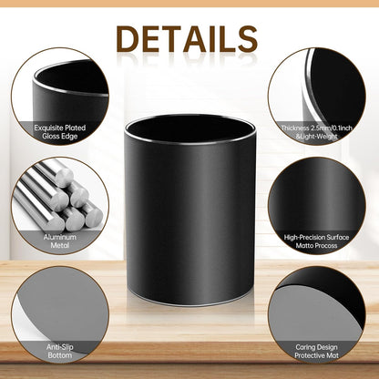 Leader Gifts,Metal Pen Holder Aluminum Pencil Holder for desk,Round Desktop Organizer and Black Pencil Cup for Office, School, Home and Stationary Supplies