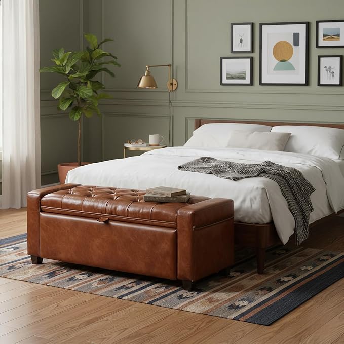 43.31'' Storage Ottoman Bench, Leather Upholstered Tufted Bedroom Bench