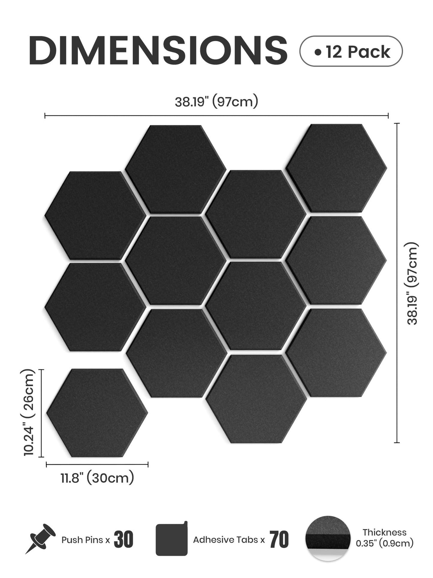 Fluxynara Hexagon Cork Board Alternative for Walls Decor-12-Pack Felt Bulletin Board Tiles,with 30 Pushpins,70 Adhesive Tabs for Office,Classrooms & Home Pin Board Felt Board-Black