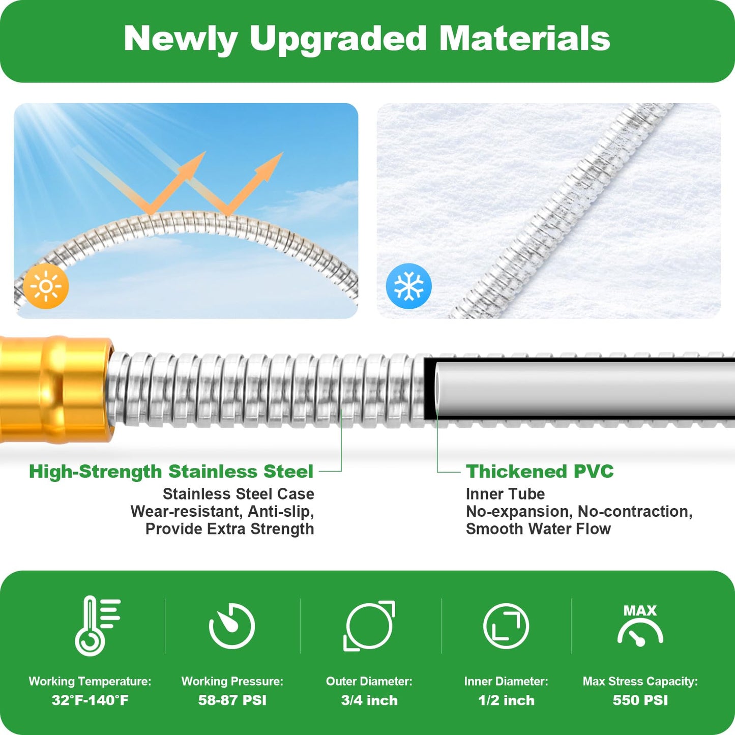 Garden Hose 50FT, Flexible Stainless Steel Metal Water Hose with 10-Function Nozzle, No-Kink, Leak-Proof, Wear-Resistant, 3/4 GHT, Easy to Use and Store for Garden, Yard, Lawn, Outdoor