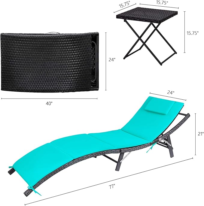 Devoko Patio Chaise Lounge Sets Outdoor Rattan Adjustable Back 3 Pieces
