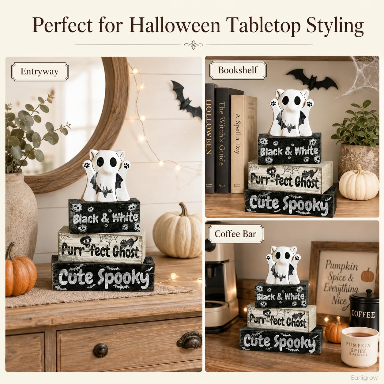 4 Pcs Ghost Cat Halloween Decor Black and White Halloween Tiered Tray Decorations Cute Spooky Rustic Wooden Blocks with Skull Bats Spider Webs Farmhouse Table Centerpiece for Home Office Desk Shelf Mantel Coffee Bar