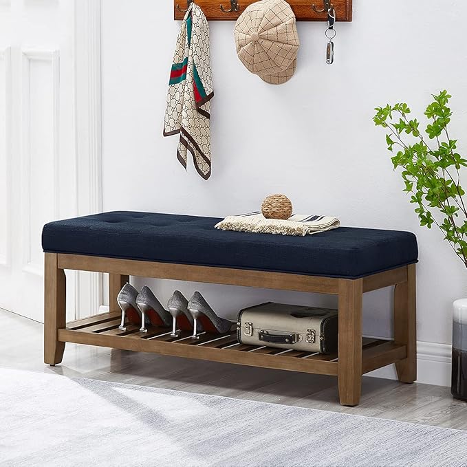 24KF Large Rectangular Upholstered Tufted Linen Fabric Ottoman Bench, Padded