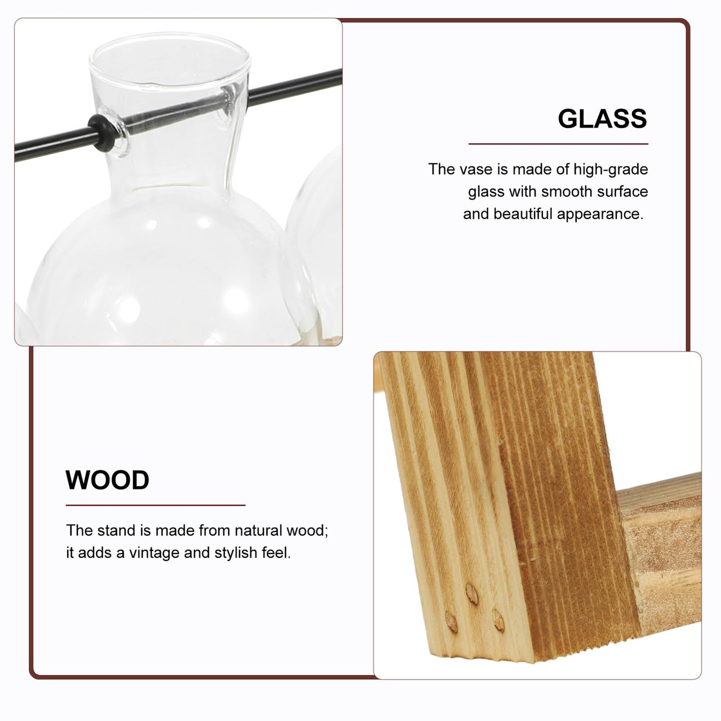 Zerodeko Small Glass Vase Set with Wooden Stand, Hydroponic Propagation Bottles for Desktop Plant Terrarium, Home Décor Flower Vase Kit for Indoor Gardening and Green Plant Display