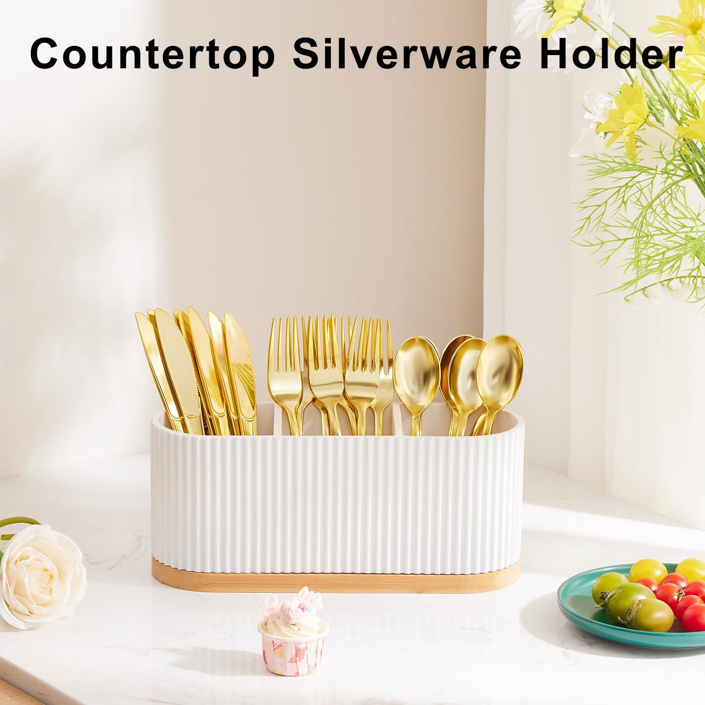 HouseJoy Countertop Silverware Holder, Silverware Caddy Organizer Holder for Forks, Spoons, Knives, Cutlery Caddy with 3 Compartments, Kitchen Utensil Holder for Party, Countertop