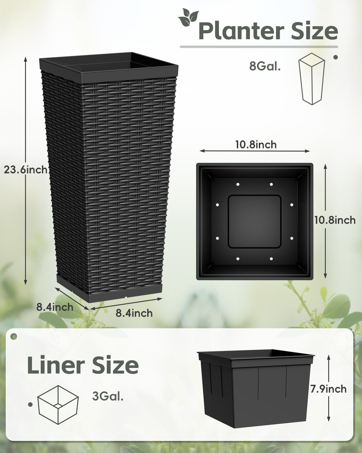 Greesum 23 Inch Tall Plastic Planters (Set of 2), Large Outdoor Flower Pots with Detachable Inner Pot & Drainage Holes for Plants, Trees, Patio, and Garden, Black