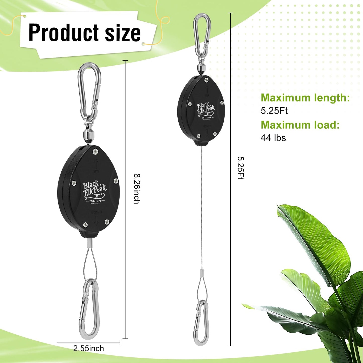 Black Elk Peak Plant Pulleys, Heavy Duty Retractable Hangers, 304 Stainless Steel Rope, Auto Plant Holder, Adjustable Climbing Hook for Garden Baskets, Watering, or Bird Feeders 2PC (Black)