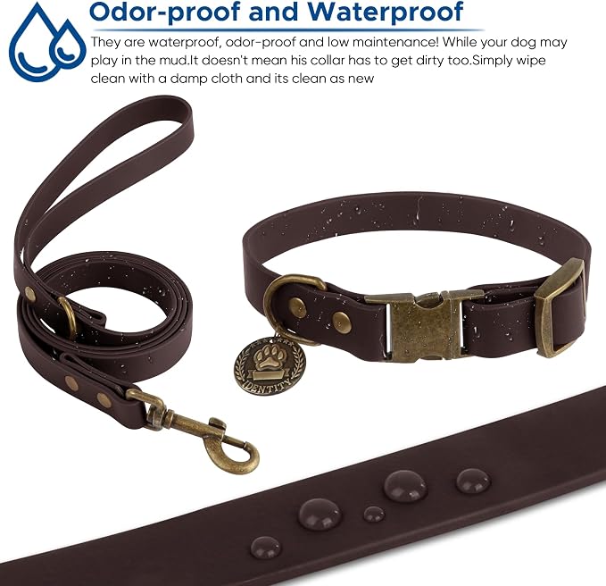 Wisedog Waterproof Dog Collar and Leash Set, M, Brown | Adjustable Puppy Collar, Cute Tag, 5FT Leash, Includes Poop Bag, For Small Medium Large Dogs