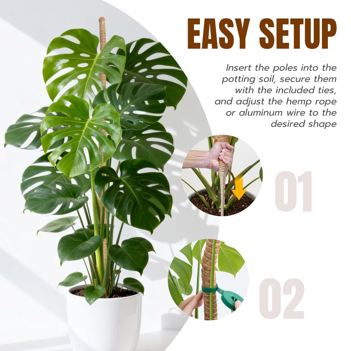 Mcbazel 2 Pack 63 Inch Bendable Moss Pole for Plants Monstera - Extra Tall 5.2ft Coco Coir Plant Support Stakes for Large Indoor Climbing Vines - Flexible Totem Stick Kit with Rope, Wire & Ties