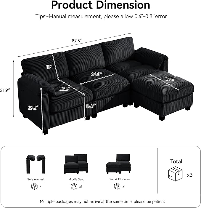 87.5'' L Shaped Modular Sectional Sofa, 3 Seater Cloud Couch