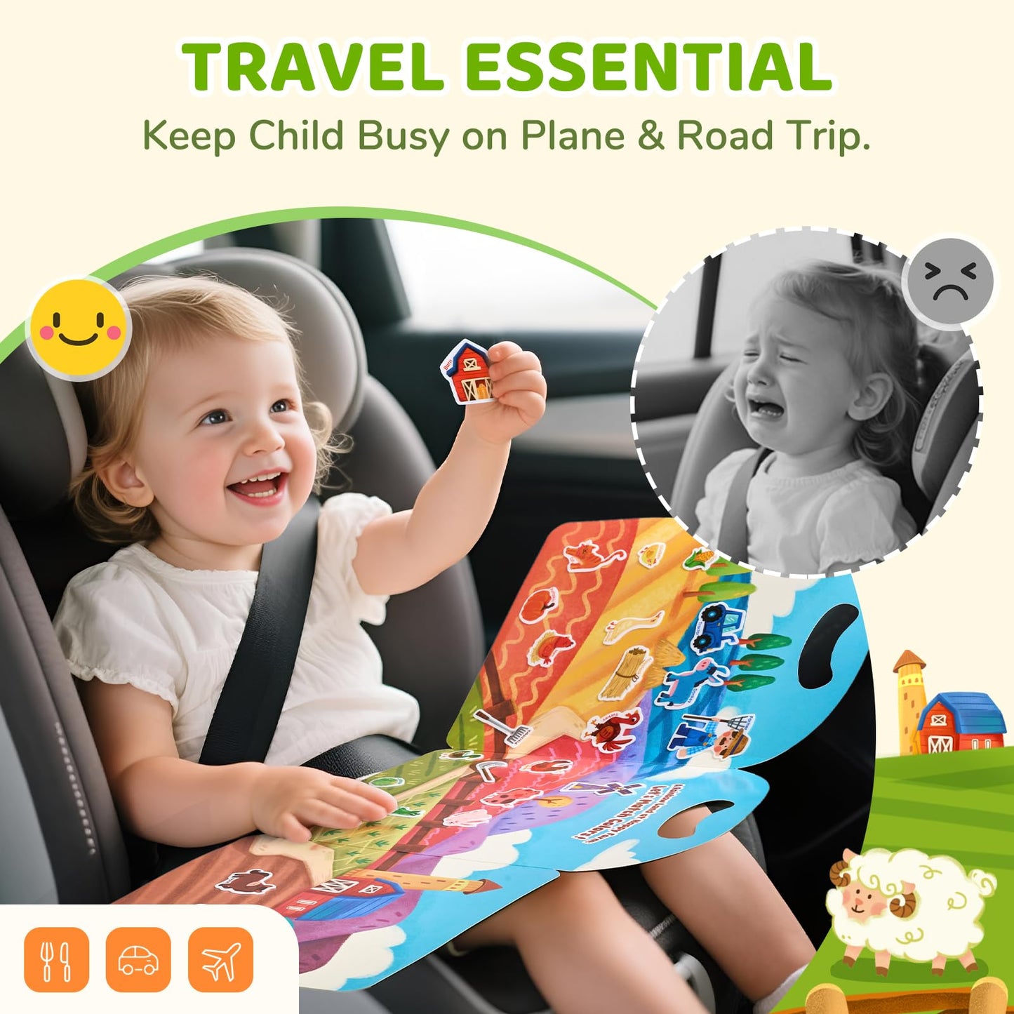 JoyCat Reusable Sticker Book - Animal Stickers for Toddlers, Kids Sticker Activity Book, Travel Toys for Road Trip, Car & Airplane, Educational Learning Gifts for Boys and Girls Ages 3-5 (Farm)