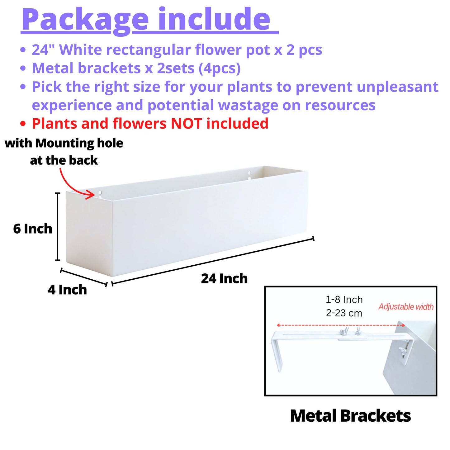 LaLaGreen Planter Boxes Outdoor (24 Inch, 2 Pack) White Metal Rectangular Railing Flower Box with Brackets, Deck Railings Planters Fence Balcony Patio Porch Plant Holder Modern Garden Decor Over Rail