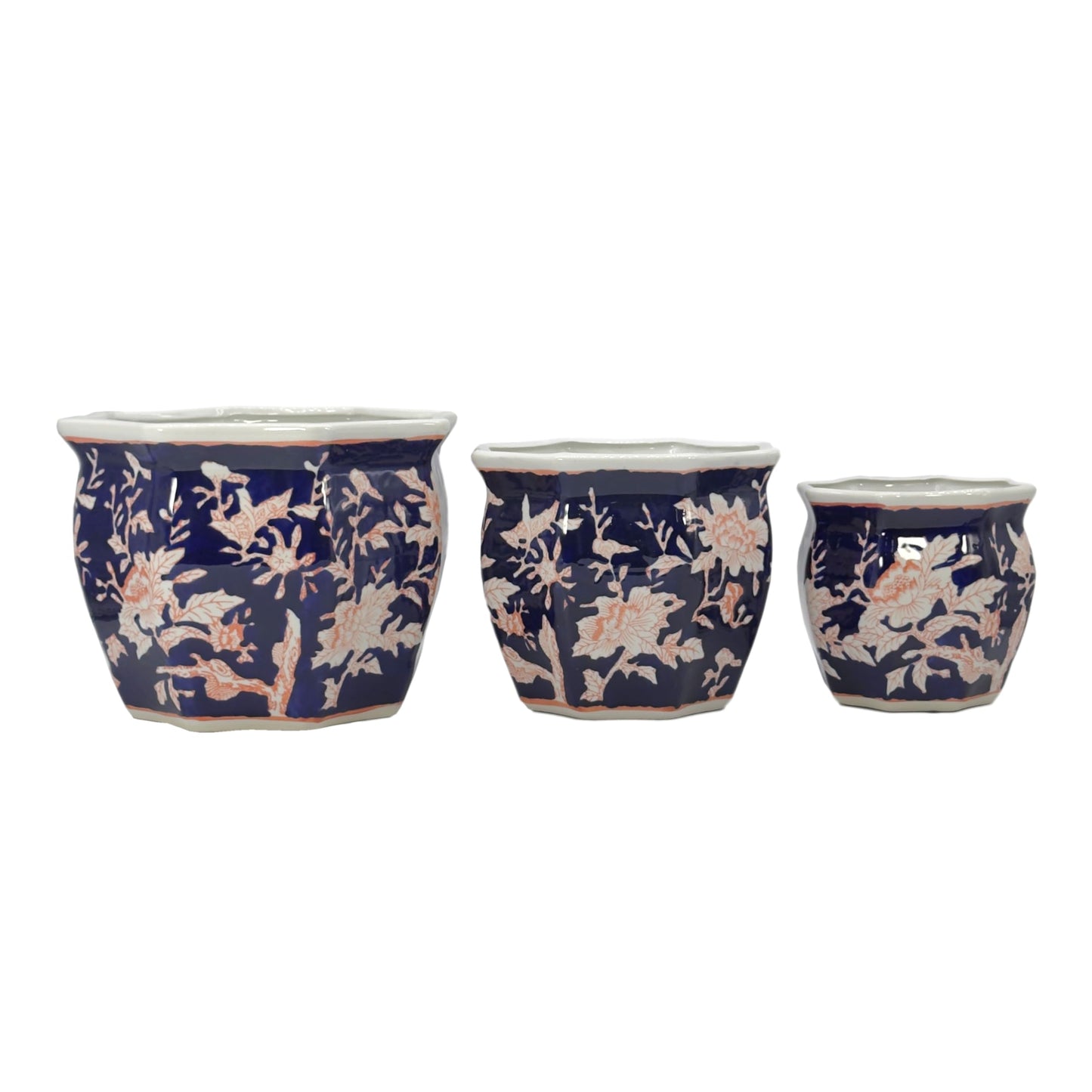 Galt International Blue & Pink Round Fluted Floral Porcelain Ceramic Plant Flower Planter Pot Set of 3 (7.5", 10", 13") Garden Pots Chinese Asian Design