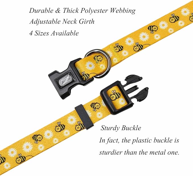 Dog Collar Leash Set, Floral Pattern, Polyester Material, Adjustable Collar and 5ft Matching Leash, for Medium Dogs.(M, Bee Daisy)