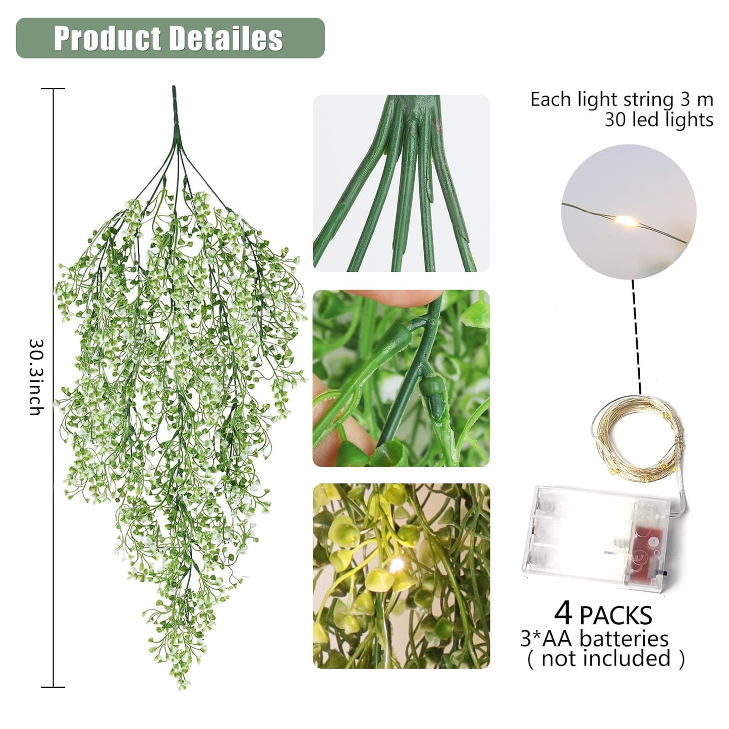 RECUTMS Artificial Hanging Ferns 2.5ft Artificial Ivy Vine Greenery with 30 LED Large Faux Wall Plants Artificial Plants Outdoor for Farmhouse Room Corridor Window Decor 4 PCS (White)