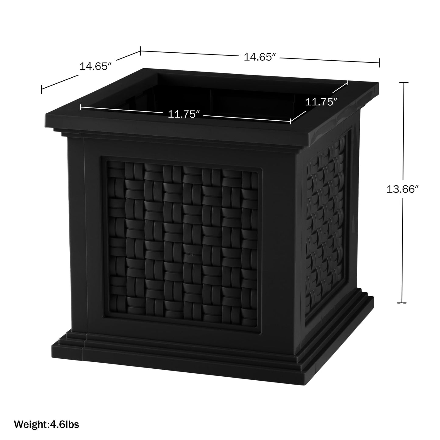 Rattan Style Outdoor Planter Box - 14.65-Inch-Square Decorative Flower or Plant Pot - Garden, Patio and Front Porch Decor by Pure Garden (Black)