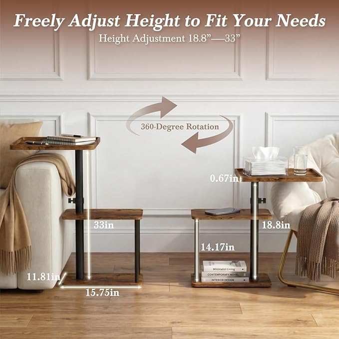 Faesun C Table End Table Adjustable Height, 360°Swivel TV Tray Table