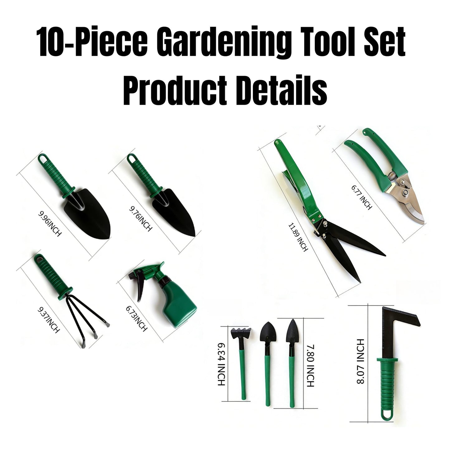 10-Piece Garden Tools Set - Heavy Duty Hand Gardening Kit: Shovel, Pruners, Trowel, Rake for Plant Care, Bonsai Trimming, Weeding & Yard Work (Green)