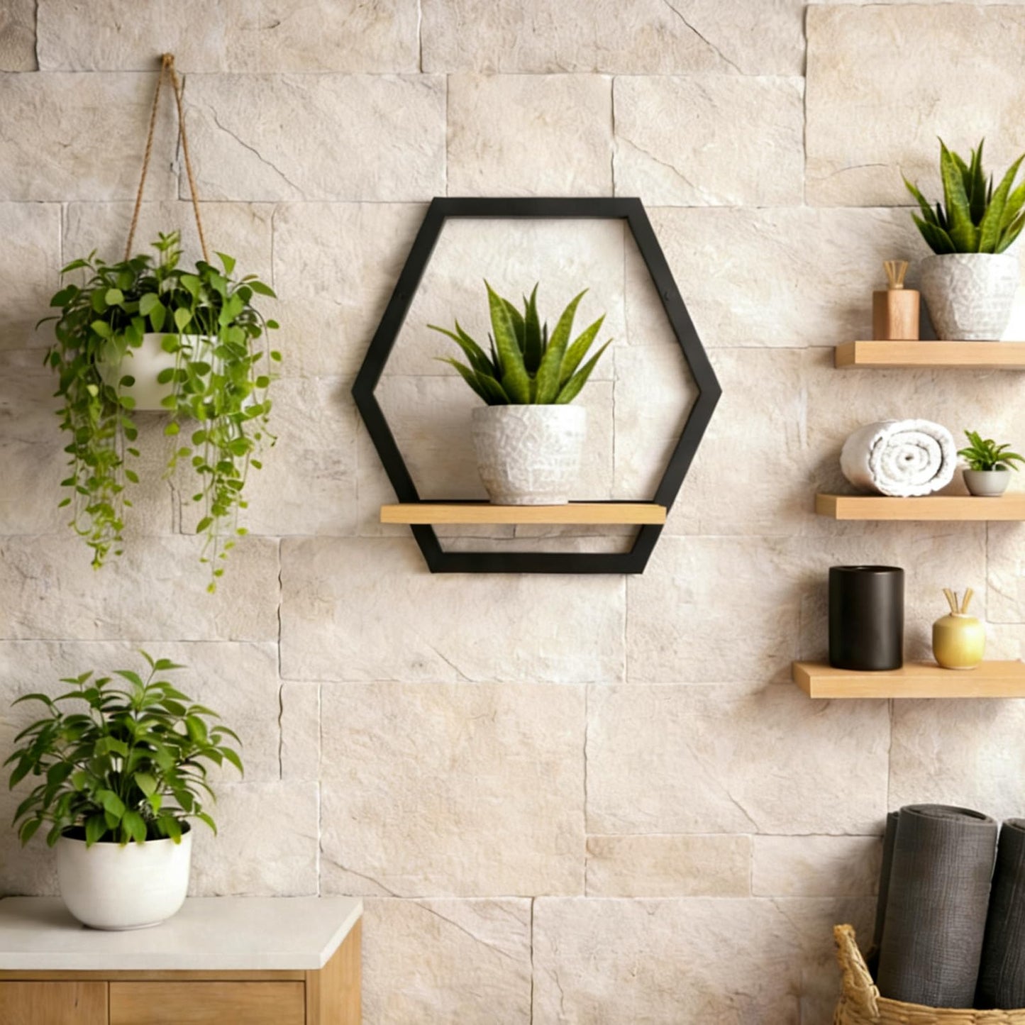 Rioneta 3 Pack Solid Wood & Heavy Duty Metal Wall Plant Stands,9 inch Natural Wood Shelf, Boho Arch Hanging Planter for Indoor 25 LB Load for Plants Black