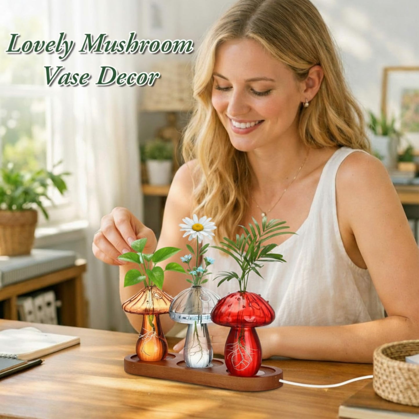 Yiyiring Set of 3 Glass Mushroom Vase Propagation Station with LED Light Wooden Stand, 4.7 x 3.5 Inches Glass Vases Hydroponic Planter for Indoor Plants, Gifts for Women, Room Decor