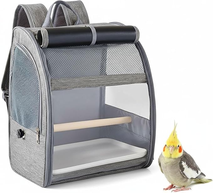 Parrot Backpack Travel Cage; 12.2 X 9.6 X 15 in Breathable Bird Carrier; Gray Backpack with Mesh Window; Removable Perch and Tray