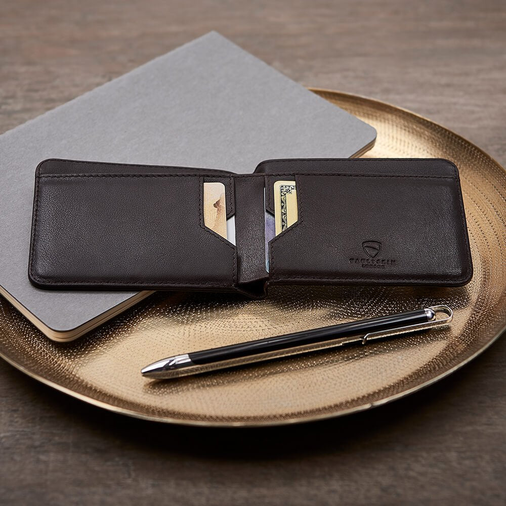 Vaultskin MANHATTAN Slim RFID Blocking Bifold Leather Wallet for Men - Minimalist Front Pocket Card Holder, Holds 9 Cards & Cash, Premium Italian Leather (Brown)