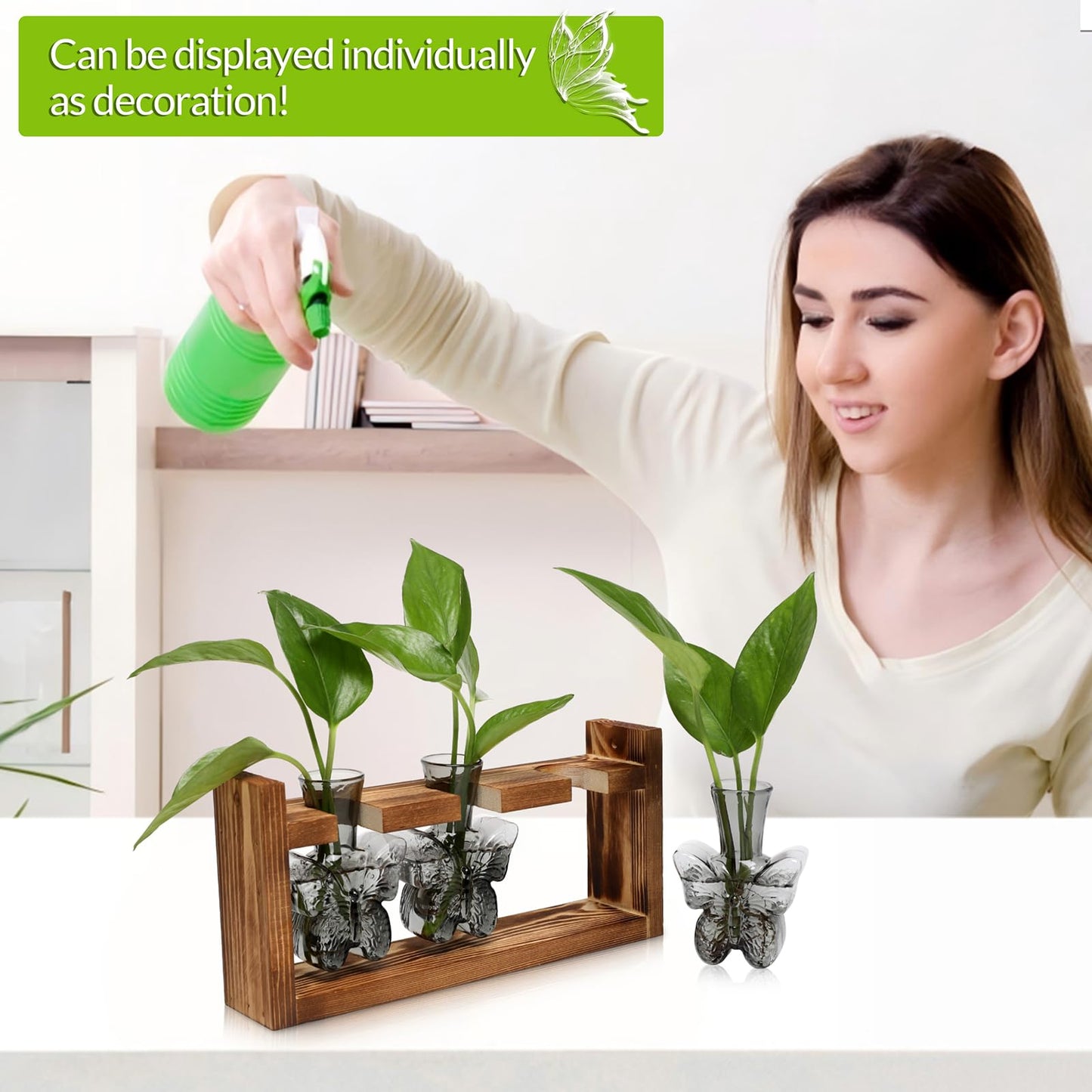 Glass Plant Propagation Station Butterfly Planter Vase with Wooden Stand Birthday Gifts for Women Mom Plant Lovers Office Home Decoration