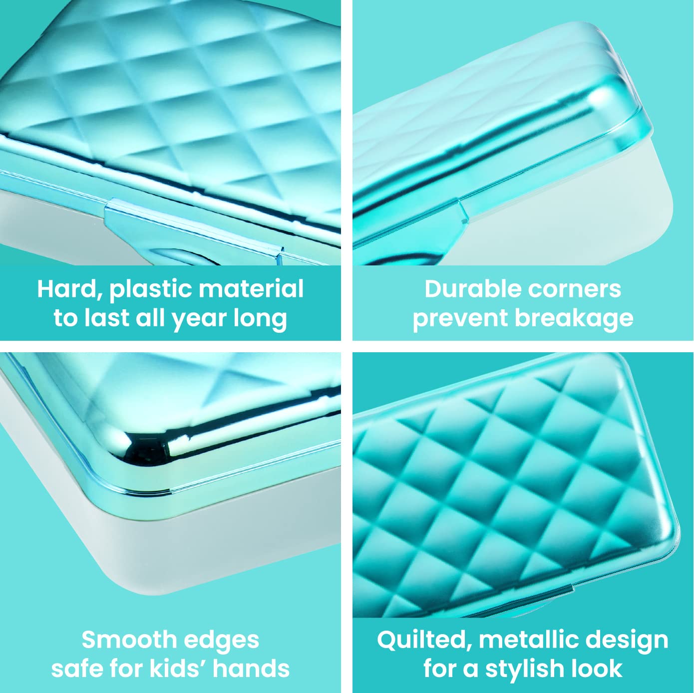 It's Academic Metallic Pencil Case Box, Hard Plastic, Stylish Quilted-Pattern Lid, Blue