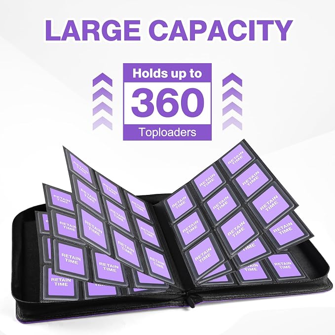 Toploader Binder, Holds 360 Toploaders, 100 Toploaders INCLUDED, 9-Pocket PU Cover Top Loader Binder for 3" x 4" Rigid Toploader, Ringless Double-Sided Toploader Card Binder for TCG, Sport Cards