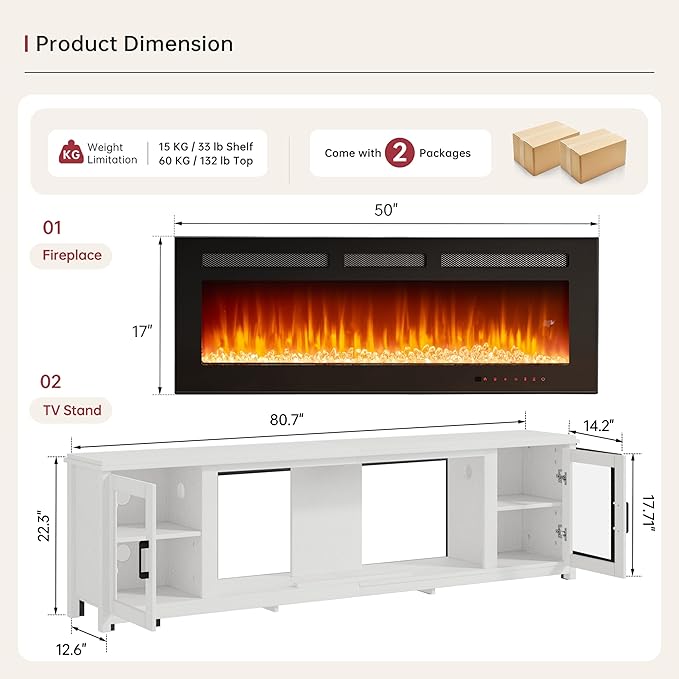MXV 80" Fireplace TV Stand, Modern Entertainment Center