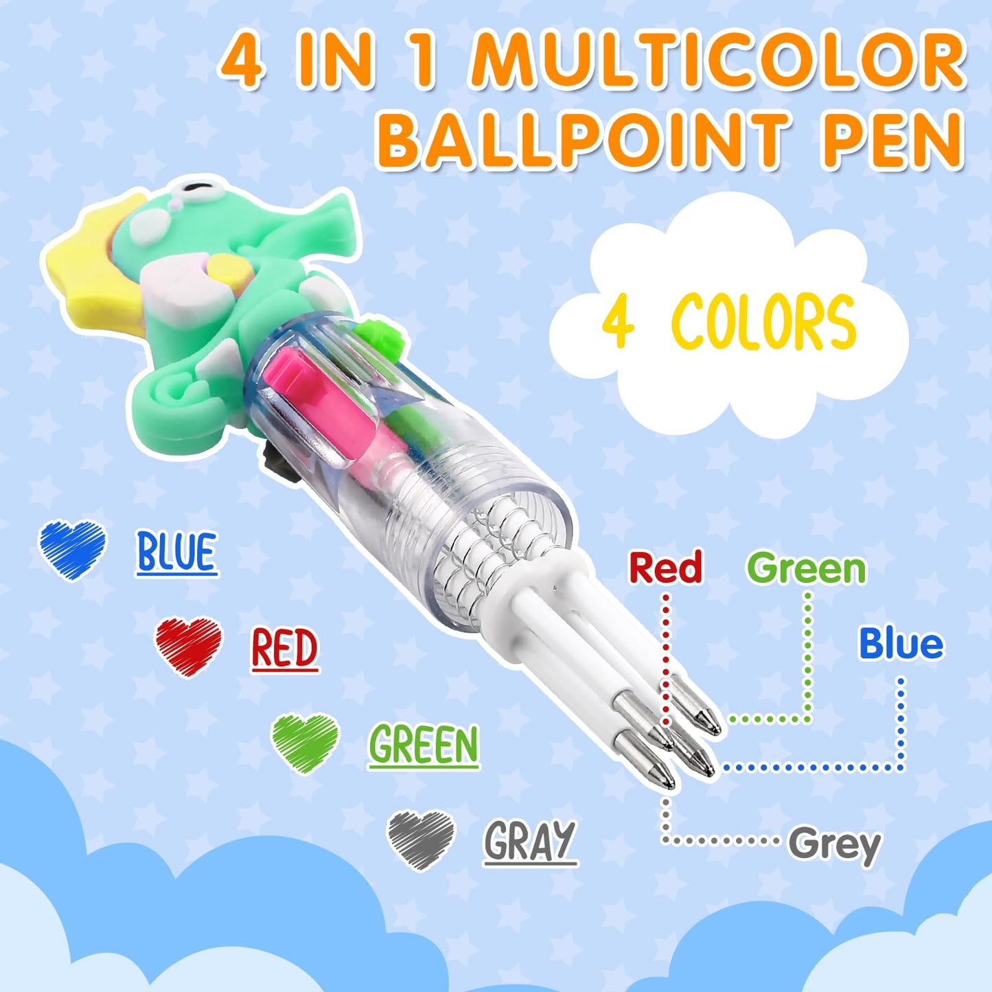 arscniek 60Pcs Multicolor Pen in One, 4-in-1 0.5mm Fine Point Cute Pens, Fun Kawaii Ballpoint Pen for Party Favors, Classroom Prizes, Teacher School Supplies, Bulk Gifts for Students