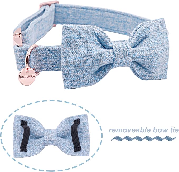 DOGWONG Hemp Cotton Dog Collar with Bow, Blue Pet Collar Durable Adjustable Puppy Collar for Medium Dogs