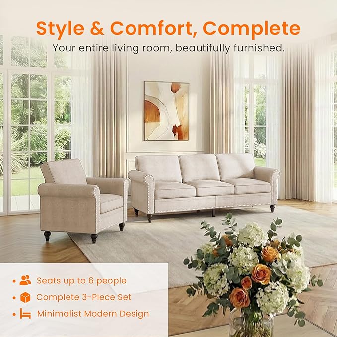 2 Piece Living Room Sofa Sets, Modern 3 Seater Sofa and Armchair Sets, Linen