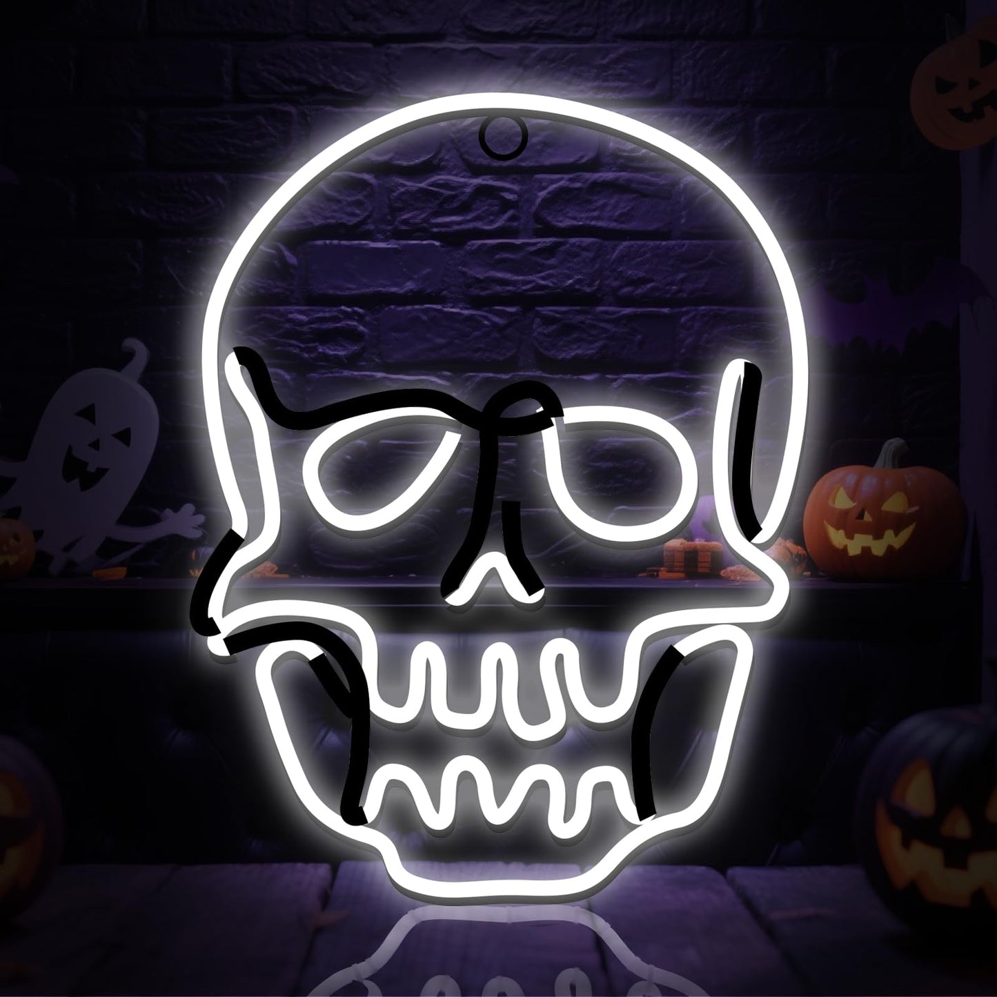 Flickering 13.5" Skull Neon Sign, 396 LED Pre-lit Skull Lights Plug in Hanging Scary Spooky Outdoor Halloween Decor for Yard, Porch, Garage, Party - Cool White　(No Constant Light)