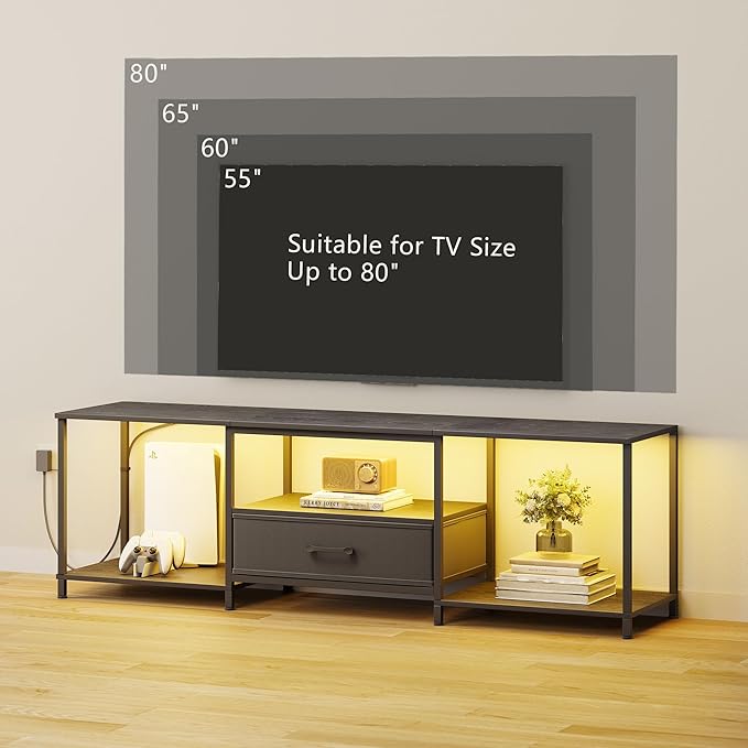 JARHETUN TV Stand with LED Lights, Entertainment Center with Open Shelves and