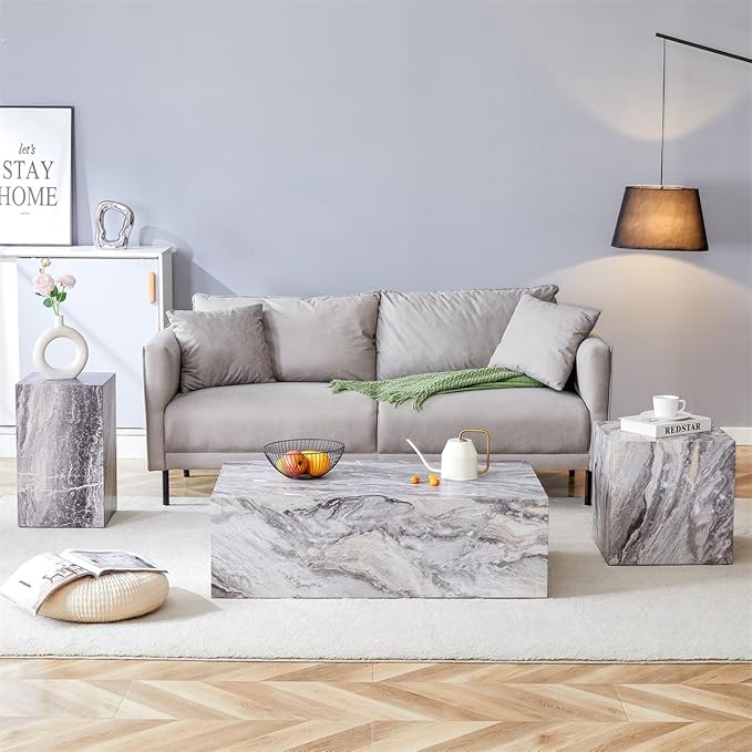 Coffee Table Set for 3, Living Room Table Set, Faux Marble Coffee Table and