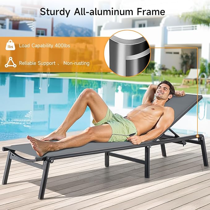 ONBRILL Aluminum Chaise Lounge Chair Outdoor, Foldable & Assembly Free Outdoor