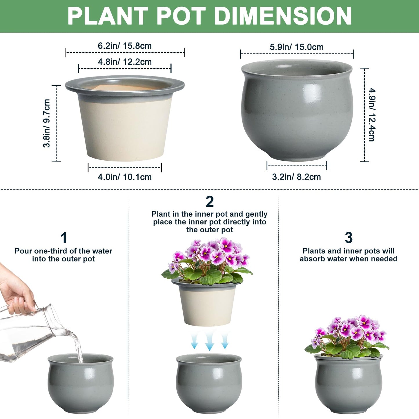 Teagas 6 Inch Ceramic African Violet Pot, Easy Self Watering Pots with Absorbent Inner Pot, Round Self Watering Planter, Ceramic Pots for Plants Indoor, Apartment Decor, Housewarming Gifts, Grey