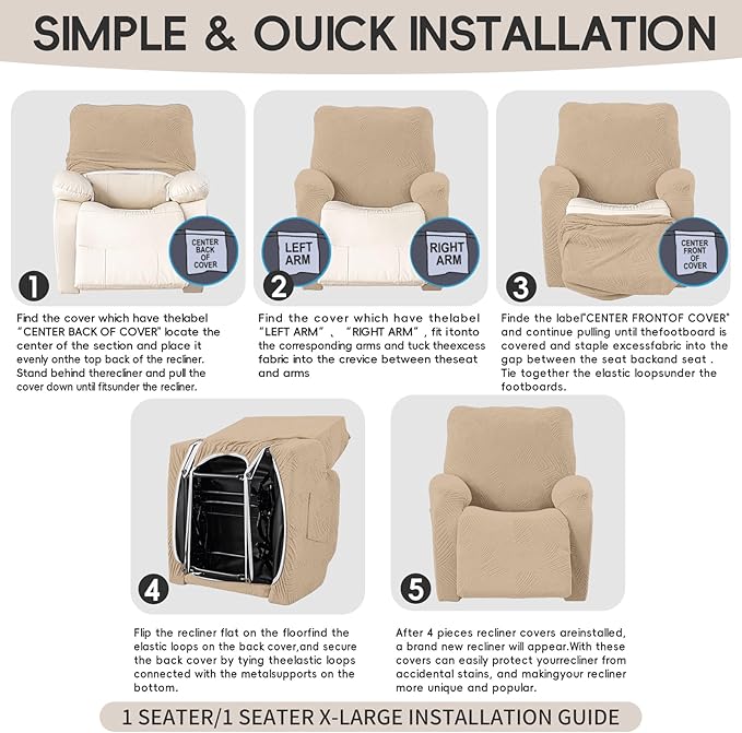 Oversized Recliner Chair Covers, 4-Piece Stretch Geometric Strokes Jacquard