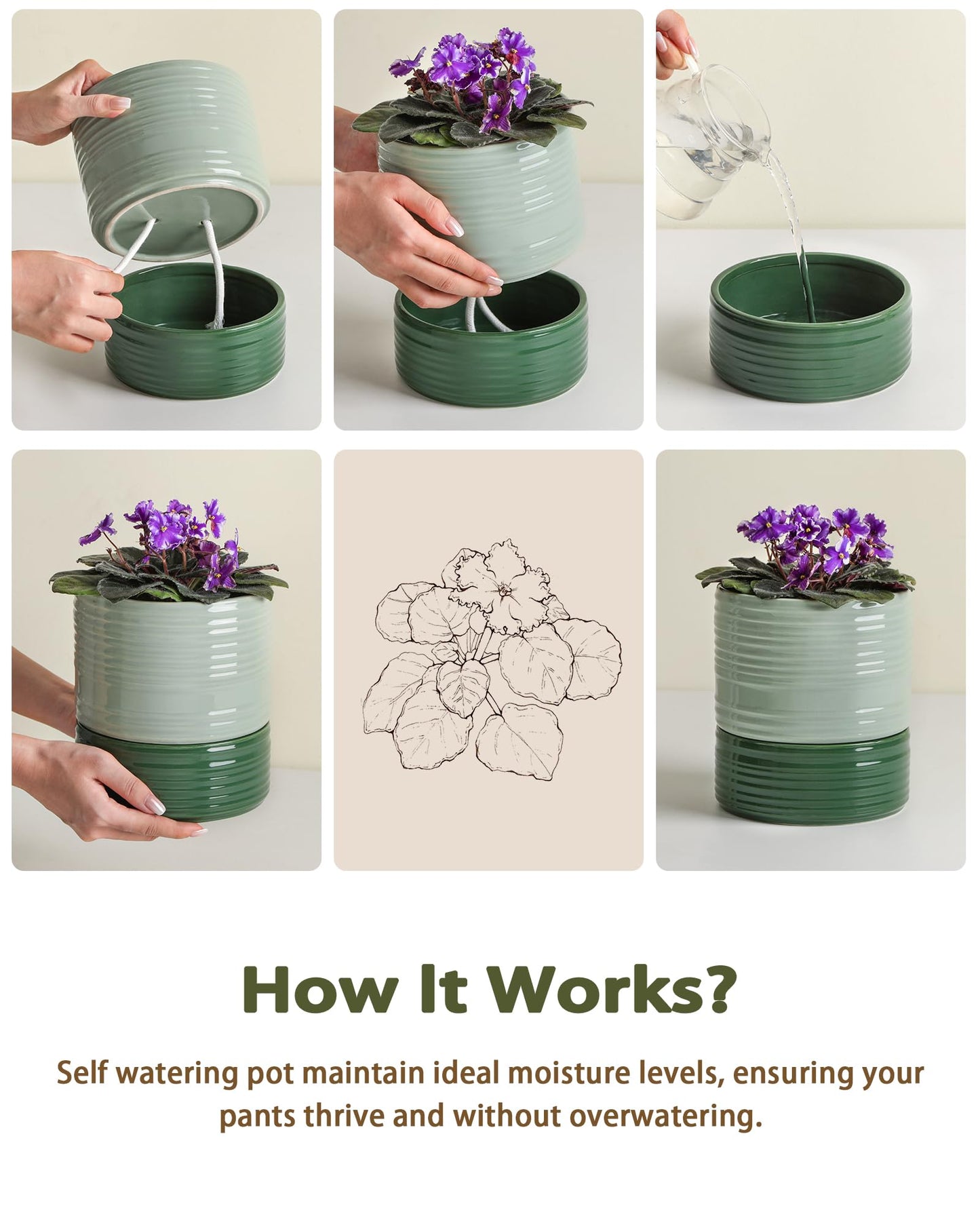 Fayoula Self Watering Pots for Indoor Plants, 6 Inch Ceramic Self Watering Plant Pot, Planter Pot with Wick Rope and Drainage Hole for African Violet Succulent Herbs (Green Light)
