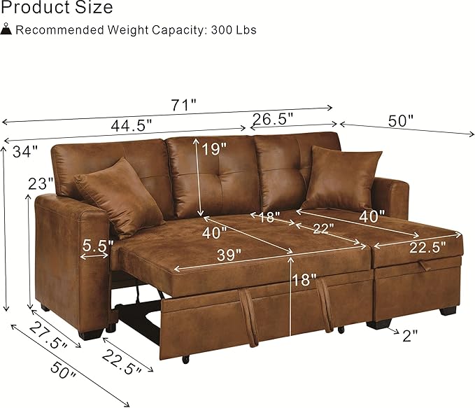 L Shaped Sectional Couch with Storage and Pull Out Bed, 3 Seater Sleeper Sofas