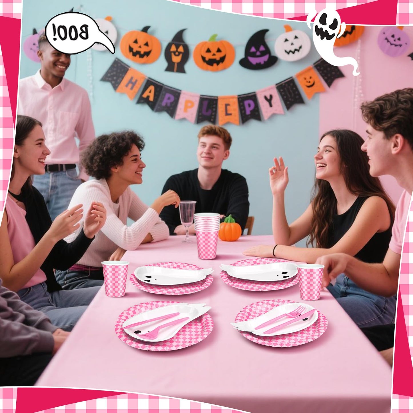 Yungyan 144 Pcs/24 Set Summer Halloween Paper Plates and Napkins Boo Ghost Plates Pink Cups with Forks and Knife Halloween Party Tableware Set for Spooky Birthday Party Decoration Boo Baby Shower