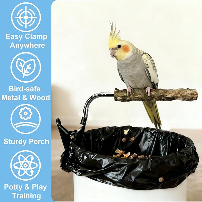 Bird Perch Stand for Trash Can, Adjustable & Portable Parrot Stand, Bendable Bird Training Perch for Cockatiels, Conures, Lovebirds and Medium & Small Parrots