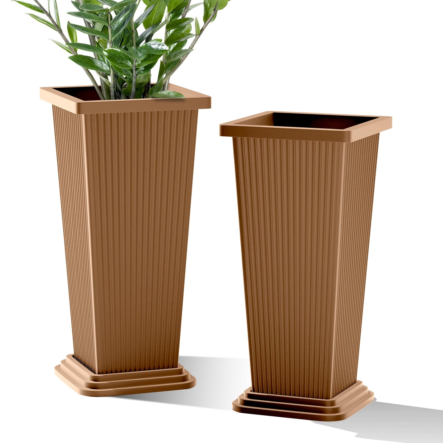FENCY Set of 2 Tall Planters for Outdoor Plants, 24 Inch Large Tapered Pots with Drainage Trays, Weather-Resistant Plastic Plant Containers for Patio, Porch, Garden, Front Door Decor,Brown, Striped