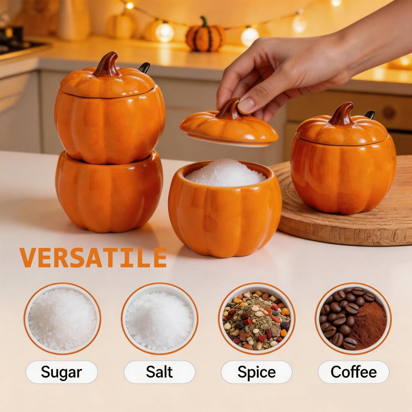 FTNESGYM Ceramic Salt Cellar with Lid and Spoon, 13.5oz Cute Pumpkin Shaped Spice Jar for Sugar, Salt, Spice, Decorative Spice Container for Fall Harvest & Halloween & Thanksgiving (Pumpkin)