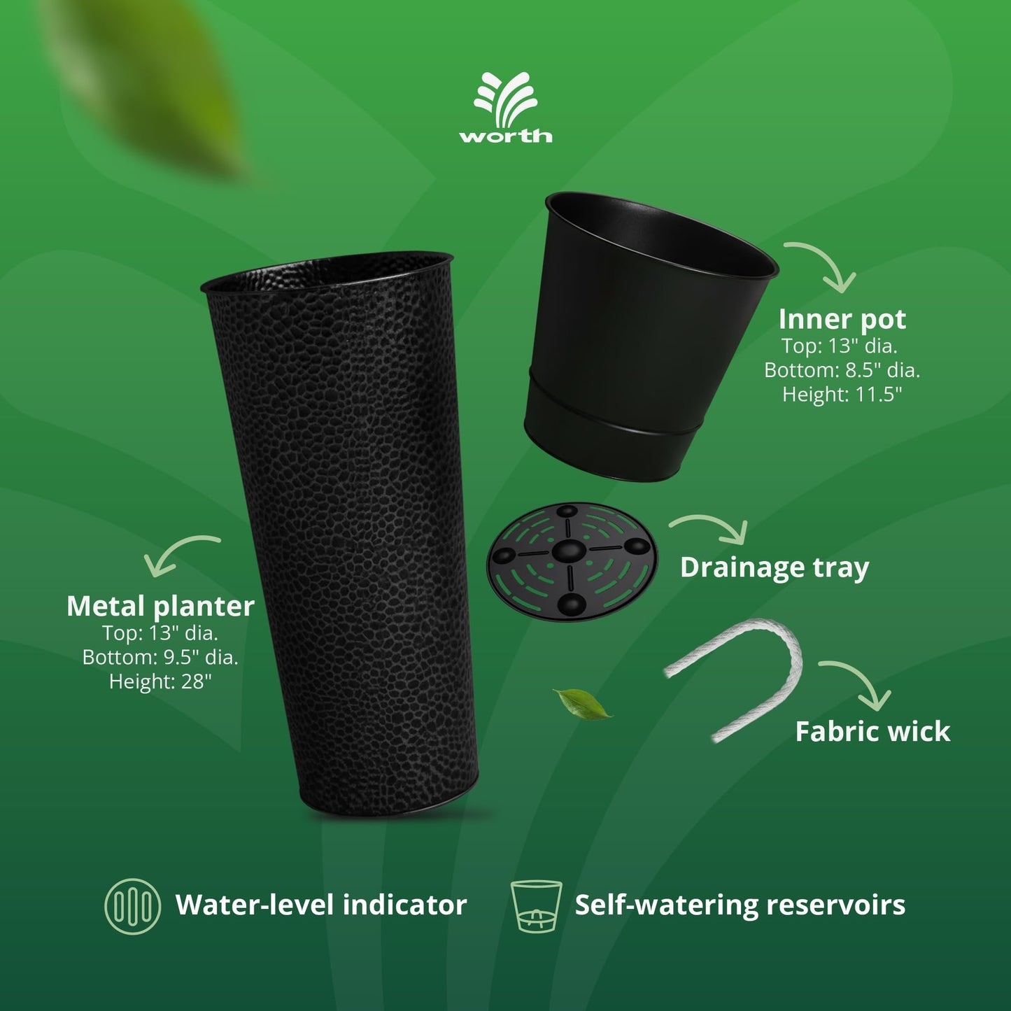 Worth 2 Pack 28" Tall Narrow Metal Planter with Inside Pot for Indoors or Outdoors, Deck, Patio or Front Porch, Hand-Hammered Texture, Black