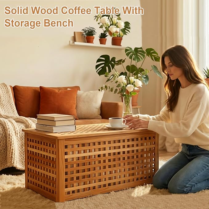 Solid Wood Entryway Bench with Storage, Large storage chest with Removable Bag