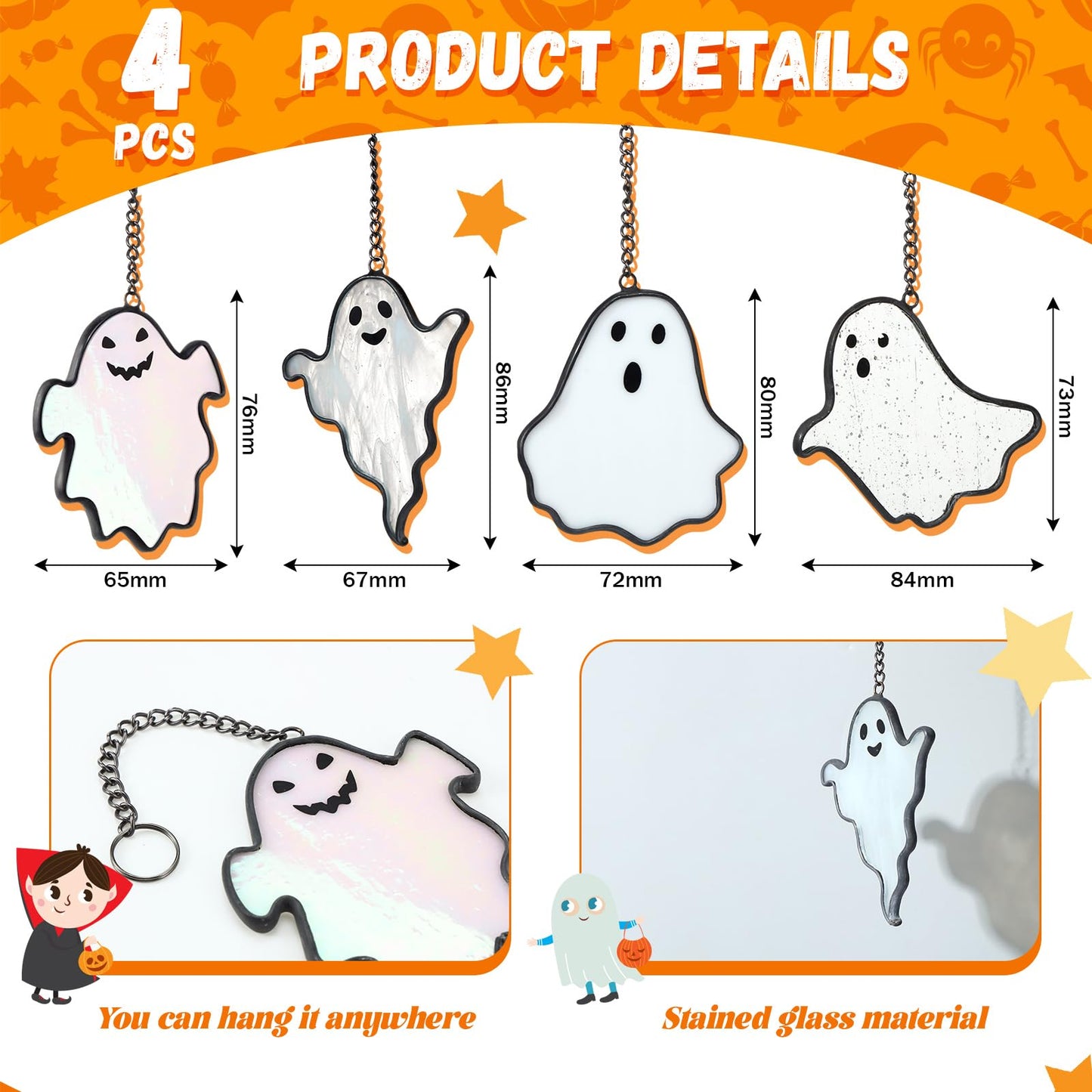 Yungyan 4 Pcs Halloween Ghost Stained Glass Suncatcher Hand Painted Window Hangings Suncatcher Halloween Goth Decoration for Home, Office, Kitchen, Living Room, Wall