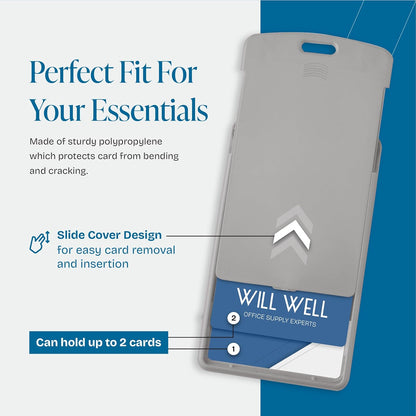 Will Well Vertical Sliding Badge Holder for Lanyards - Hard ABS Plastic 4.13" x 3.3" Protector Fits Up to 2 Standard-Sized Cards, Lightweight Secure Quick-Access Slide Cover Design - 6-Pack, Grey