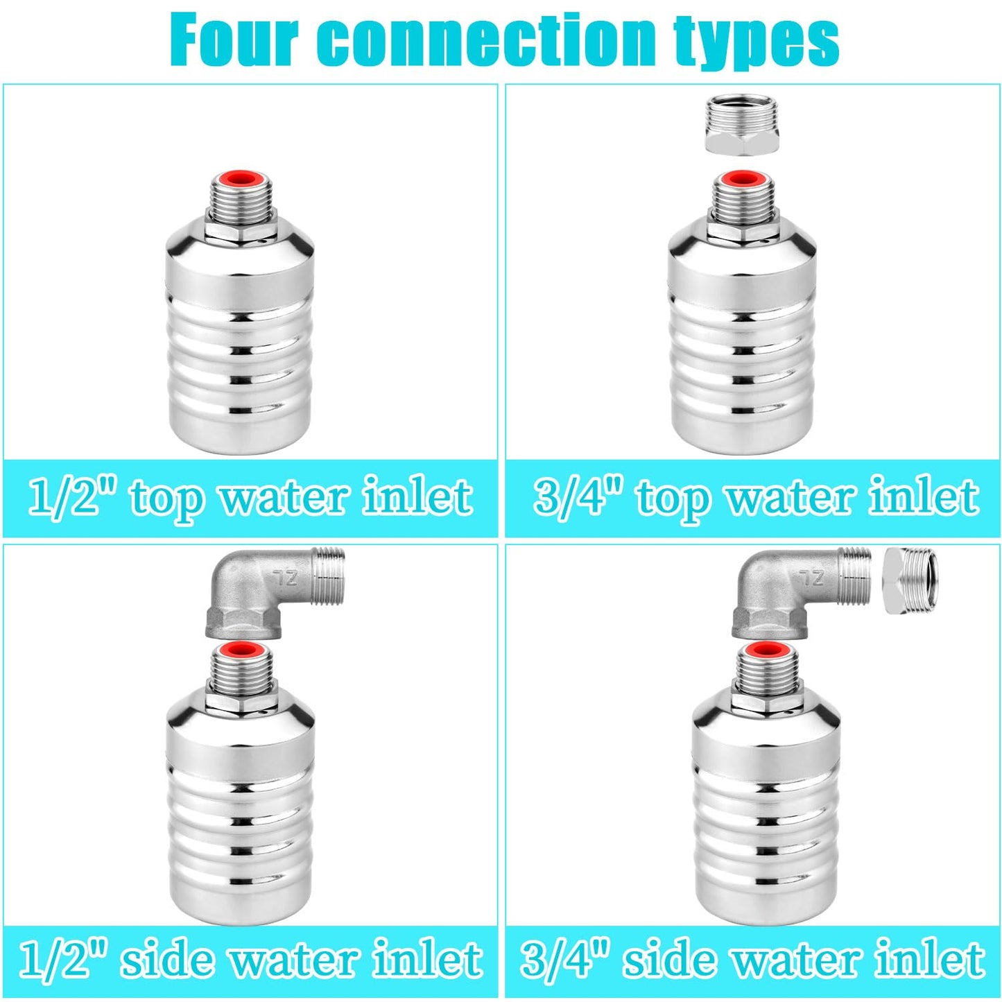 2pcs Water Float Valve, Stainless Steel Automatic Water Level Control Float Valve 1/2in and 3/4in Connection Types for Fish Tank Swimming Pool Livestock Trough